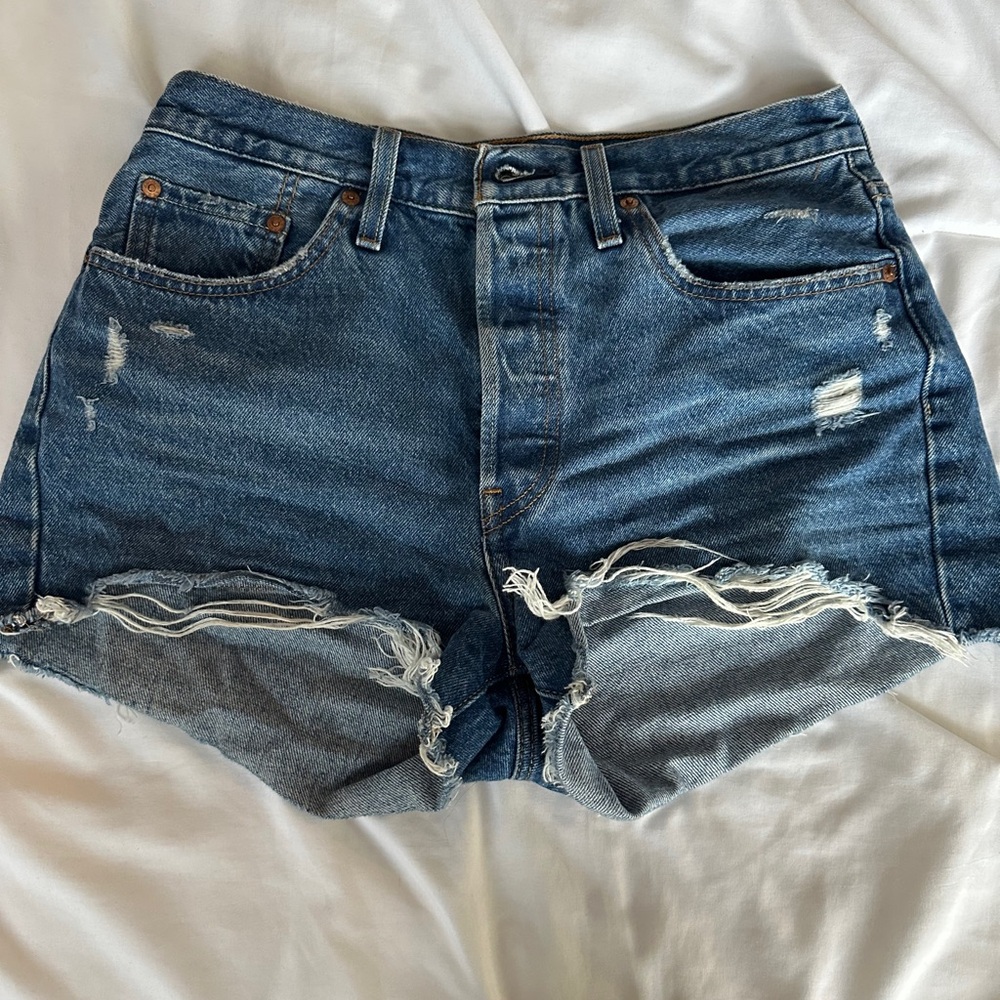 Levi's Blue Distressed Jean Shorts Raw Hem